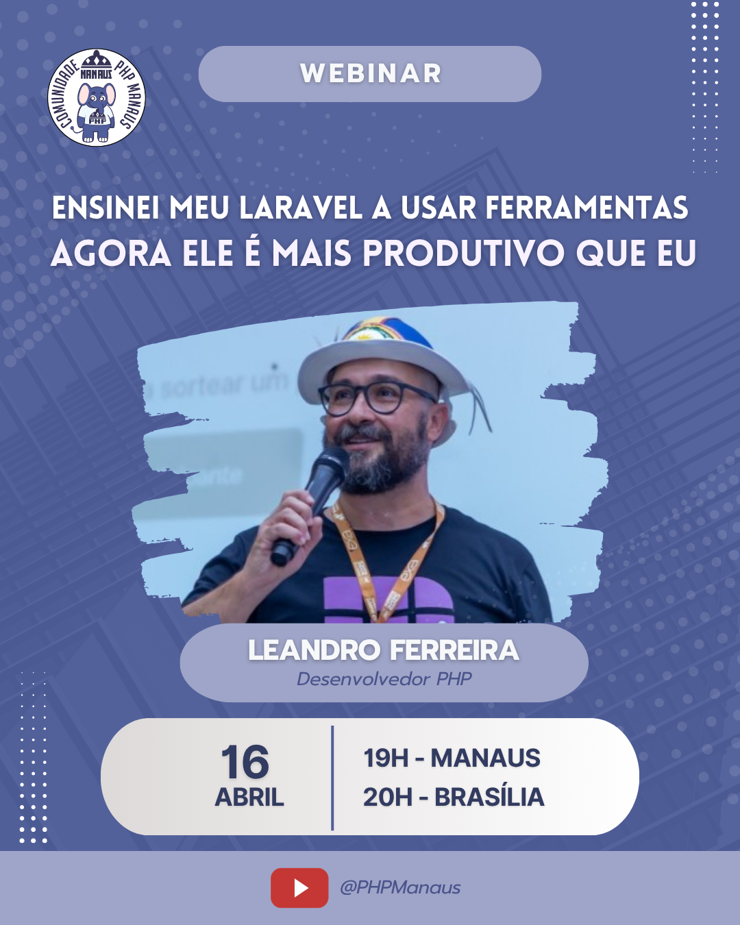 YouTube webinar preview with play button overlay and badge Ultimo webinar for Comunidade PHP Manaus